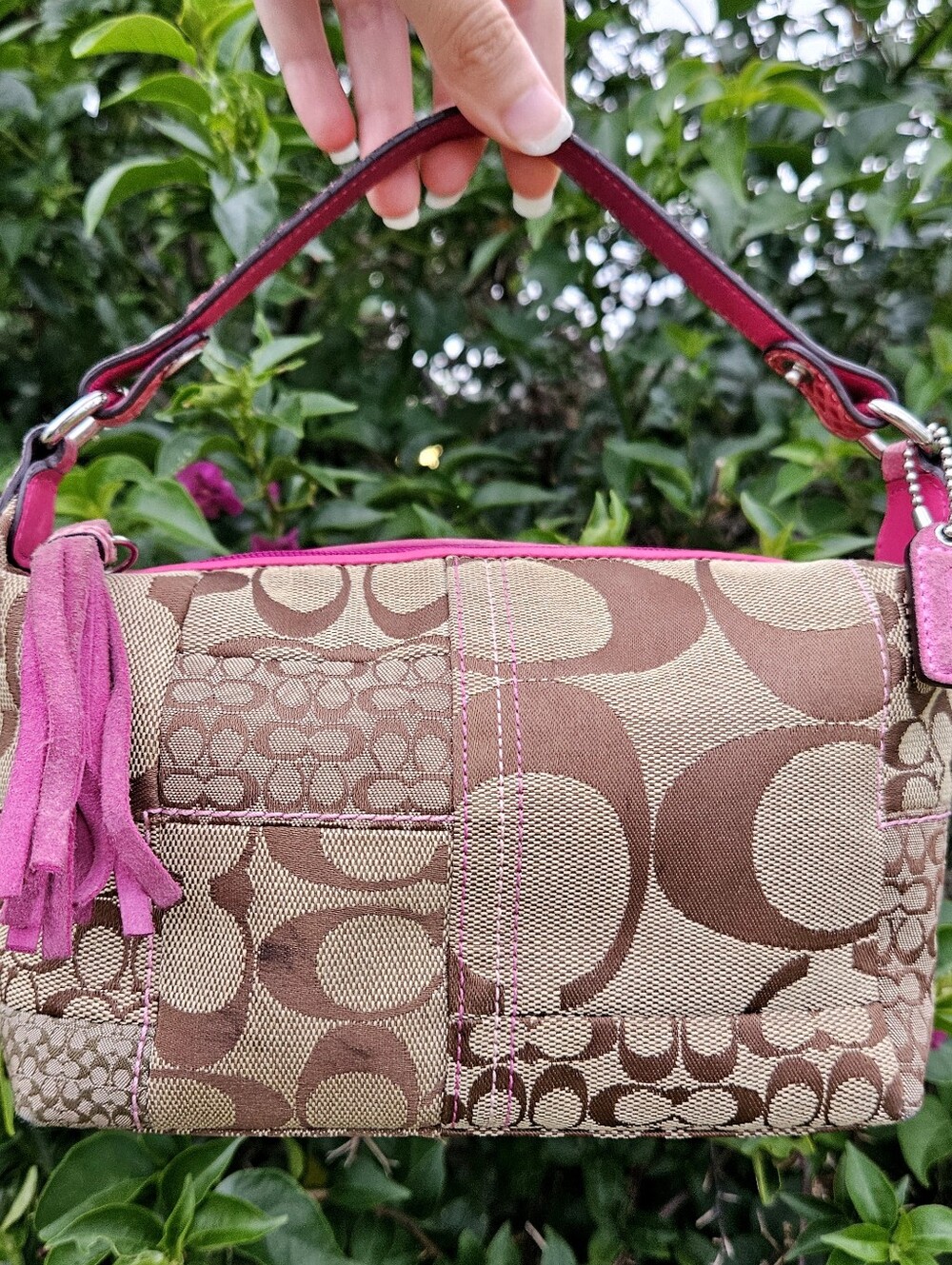 Coach Signature Patchwork Shoulder Bag Pink Suede Tassel Snakeskin Y2K